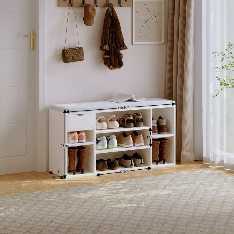 Cipősszekrény ülőkével, fehér loft pad, modern előszoba