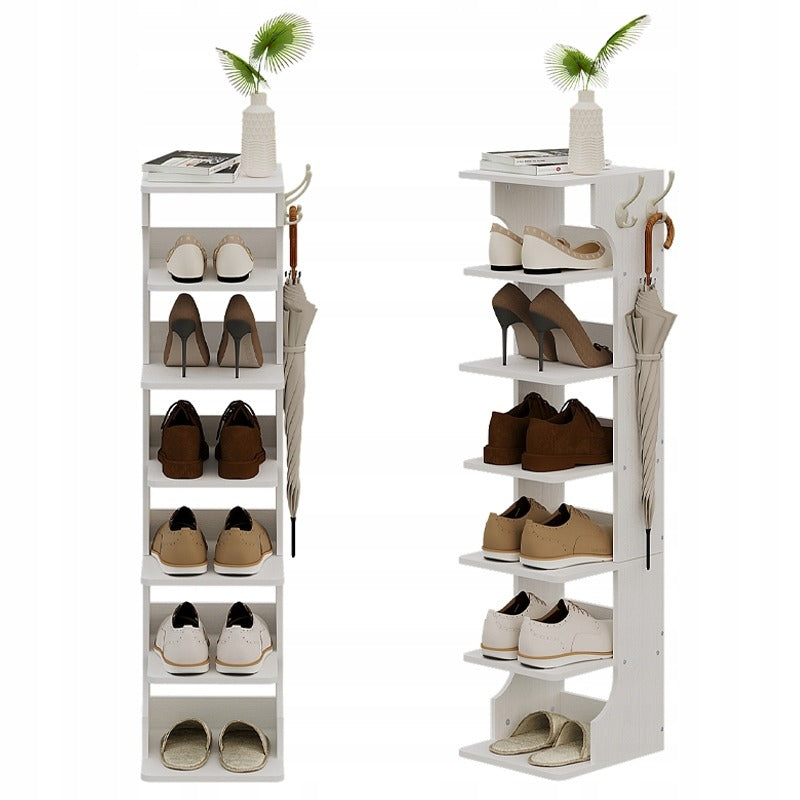 Funkcionális keskeny fehér cipősszekrény, 6 polc, 2 akasztó, 112 cm