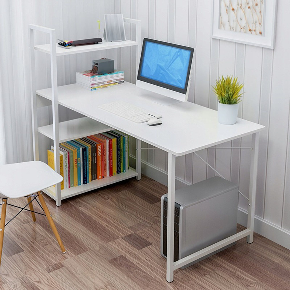 Modern fehér íróasztal oldalsó polcokkal – 120x55x72 cm – ideális otthoni irodához