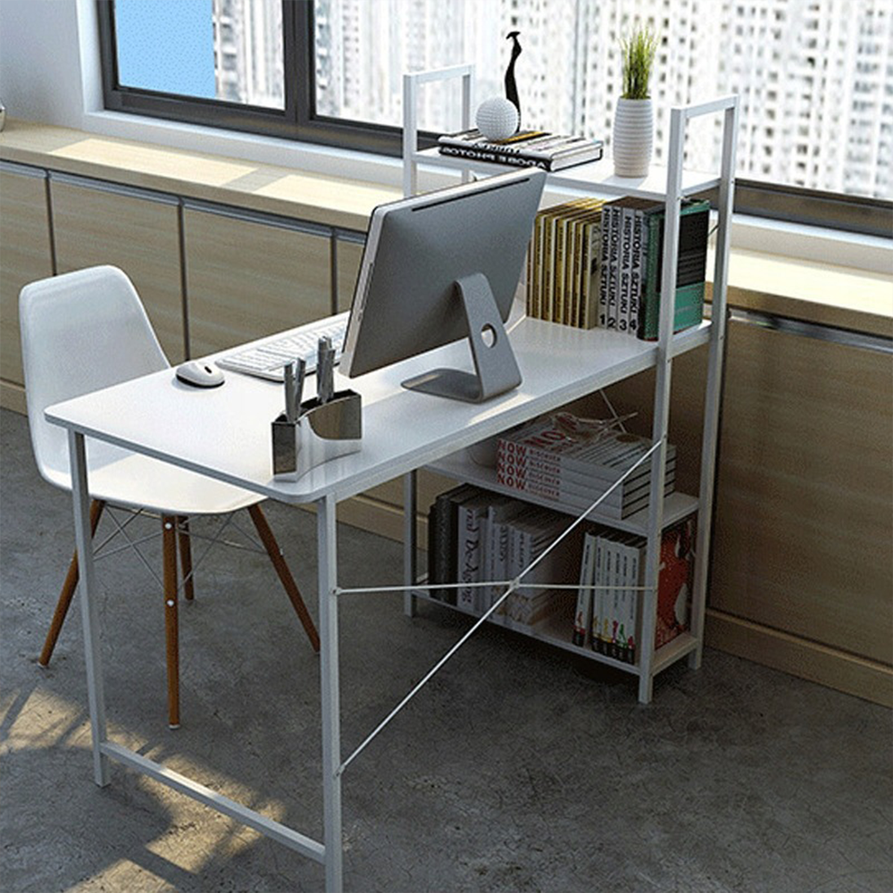Modern fehér íróasztal oldalsó polcokkal – 120x55x72 cm – ideális otthoni irodához