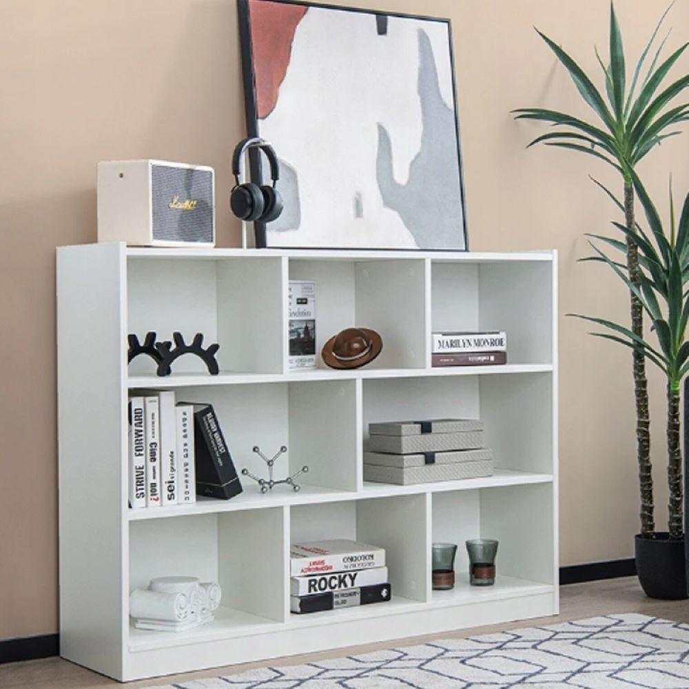 Nyitott fehér könyvespolc 6 polccal – 100x24x104 cm, skandináv modern stílusban
