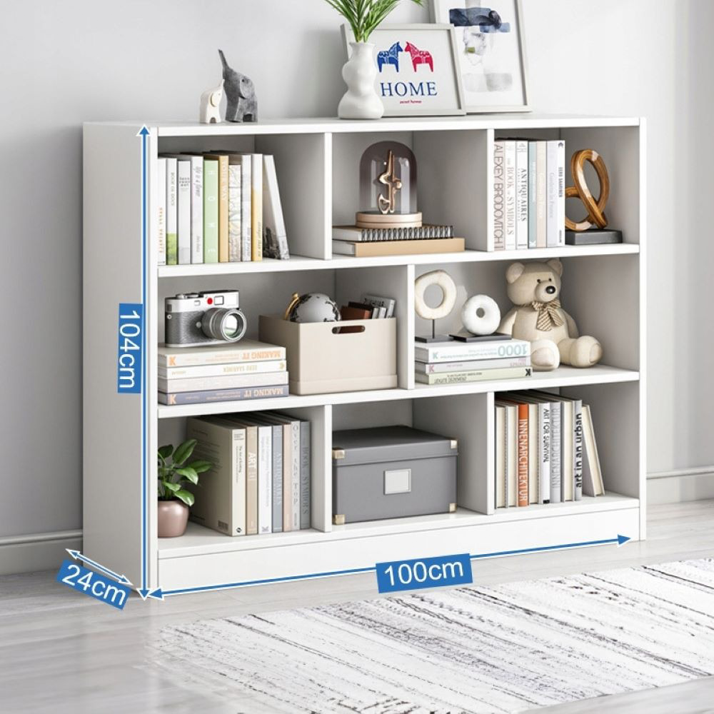 Nyitott fehér könyvespolc 6 polccal – 100x24x104 cm, skandináv modern stílusban
