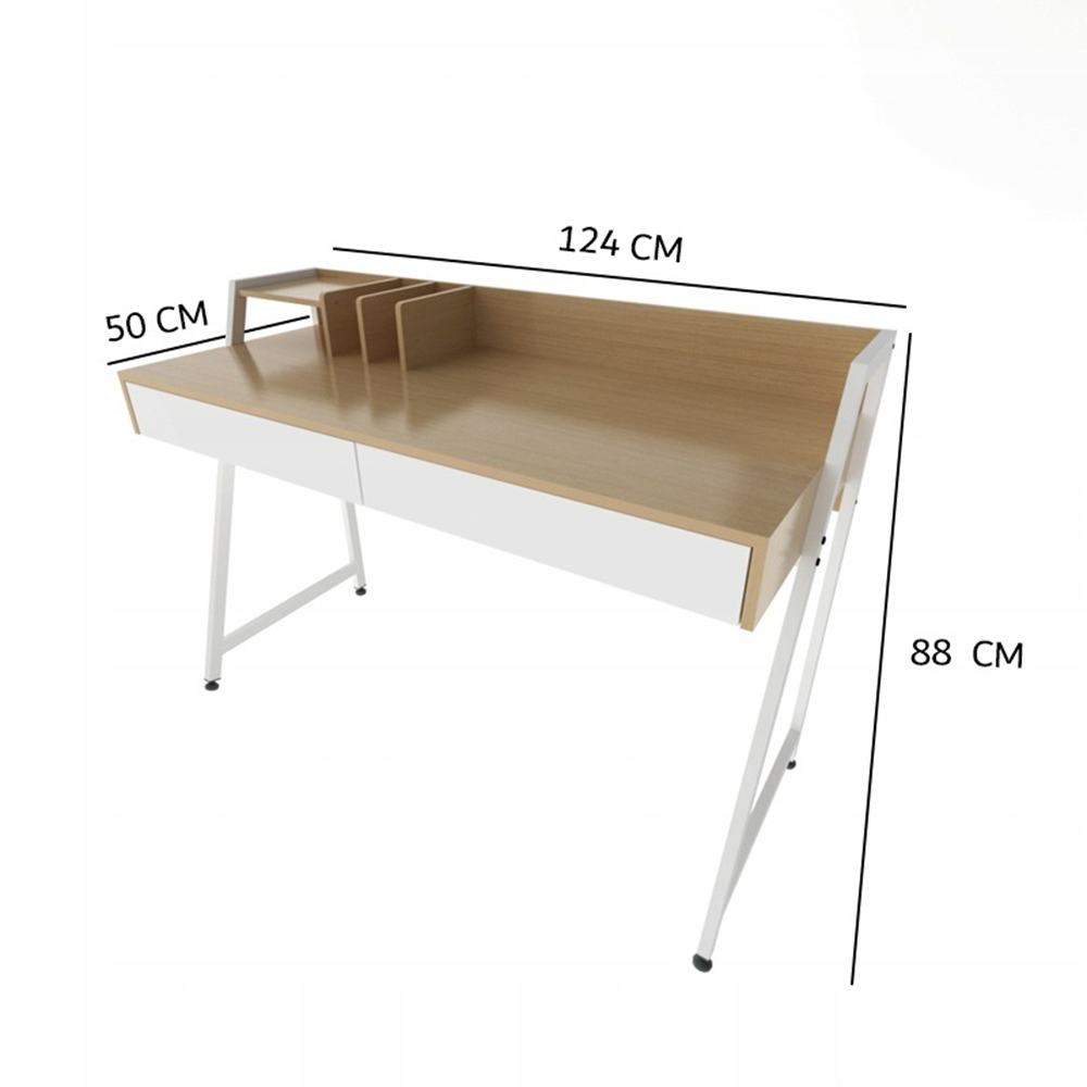 Modern loft stílusú íróasztal 124 cm, fiókokkal – világos tölgy színben