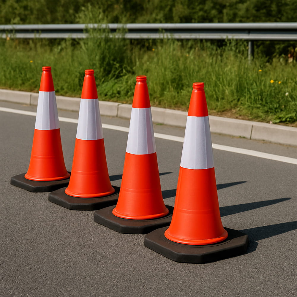 5 darabos figyelmeztető forgalmi bójaszett fényvisszaverő csíkkal – 75 cm, időjárásálló kivitel
