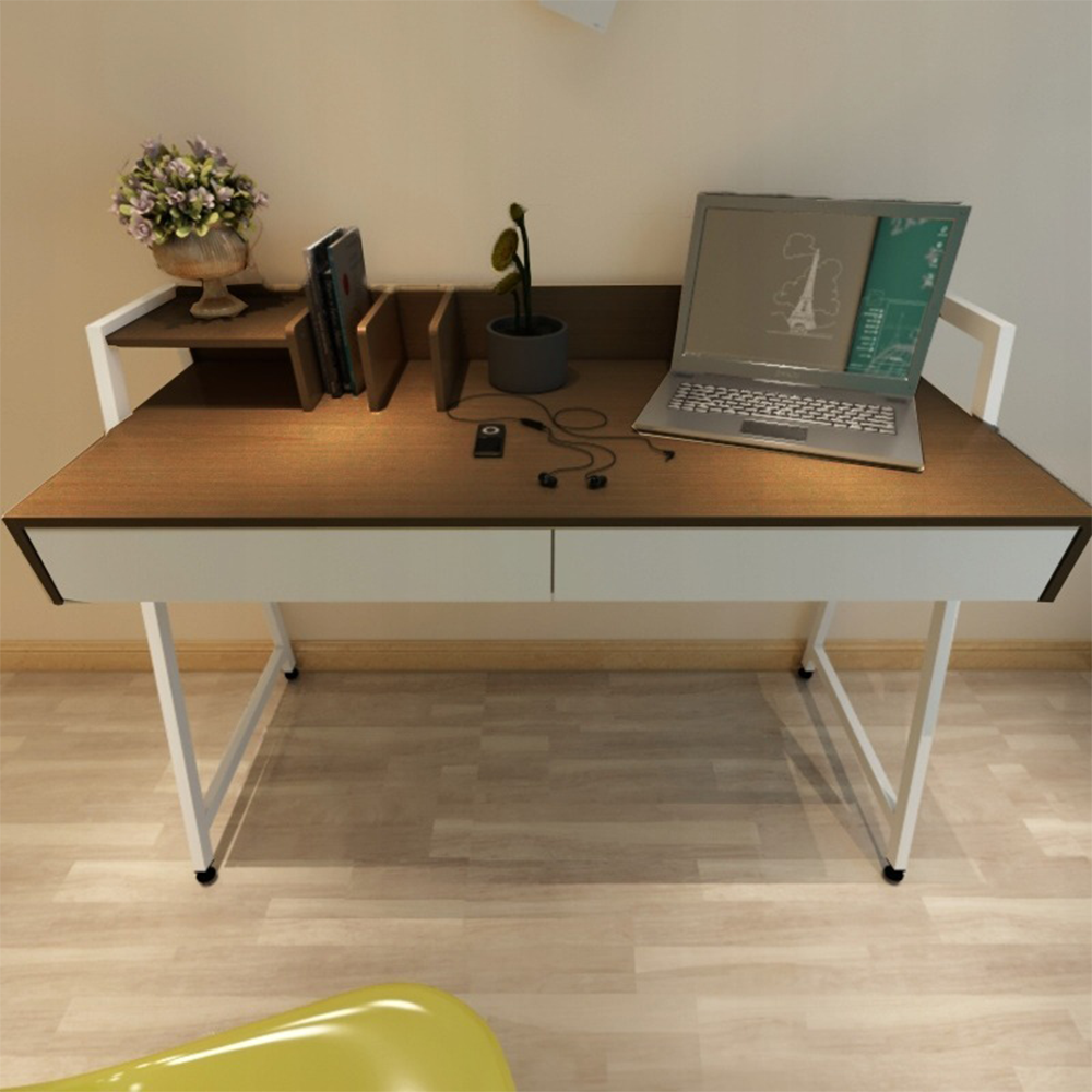Loft stílusú íróasztal fiókokkal – 100x40x75 cm, fehér és sötét tölgy színben.