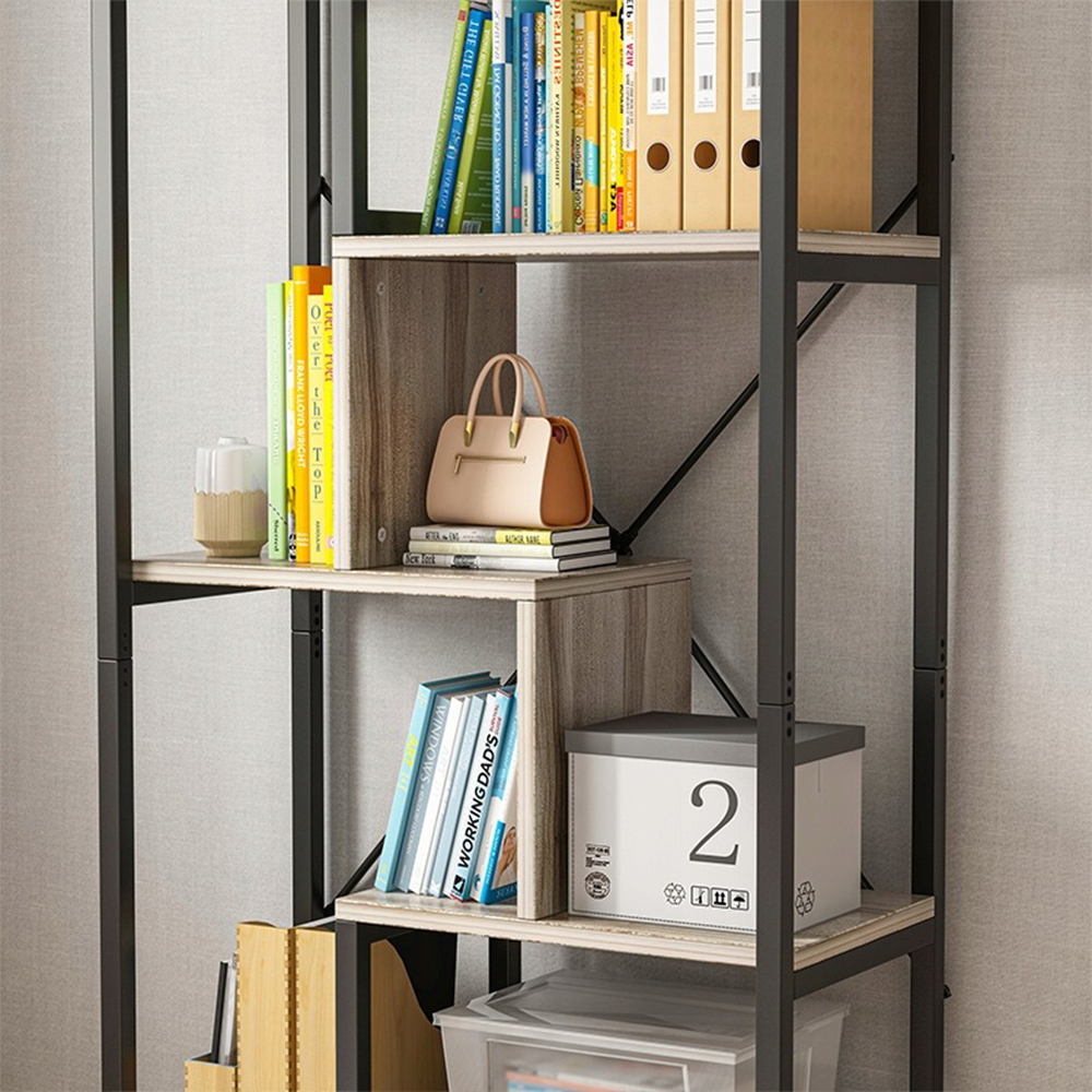 Ipari stílusú könyvespolc 8 polccal – 132x74x35 cm | Fekete és Barna | Modern loft dizájn
