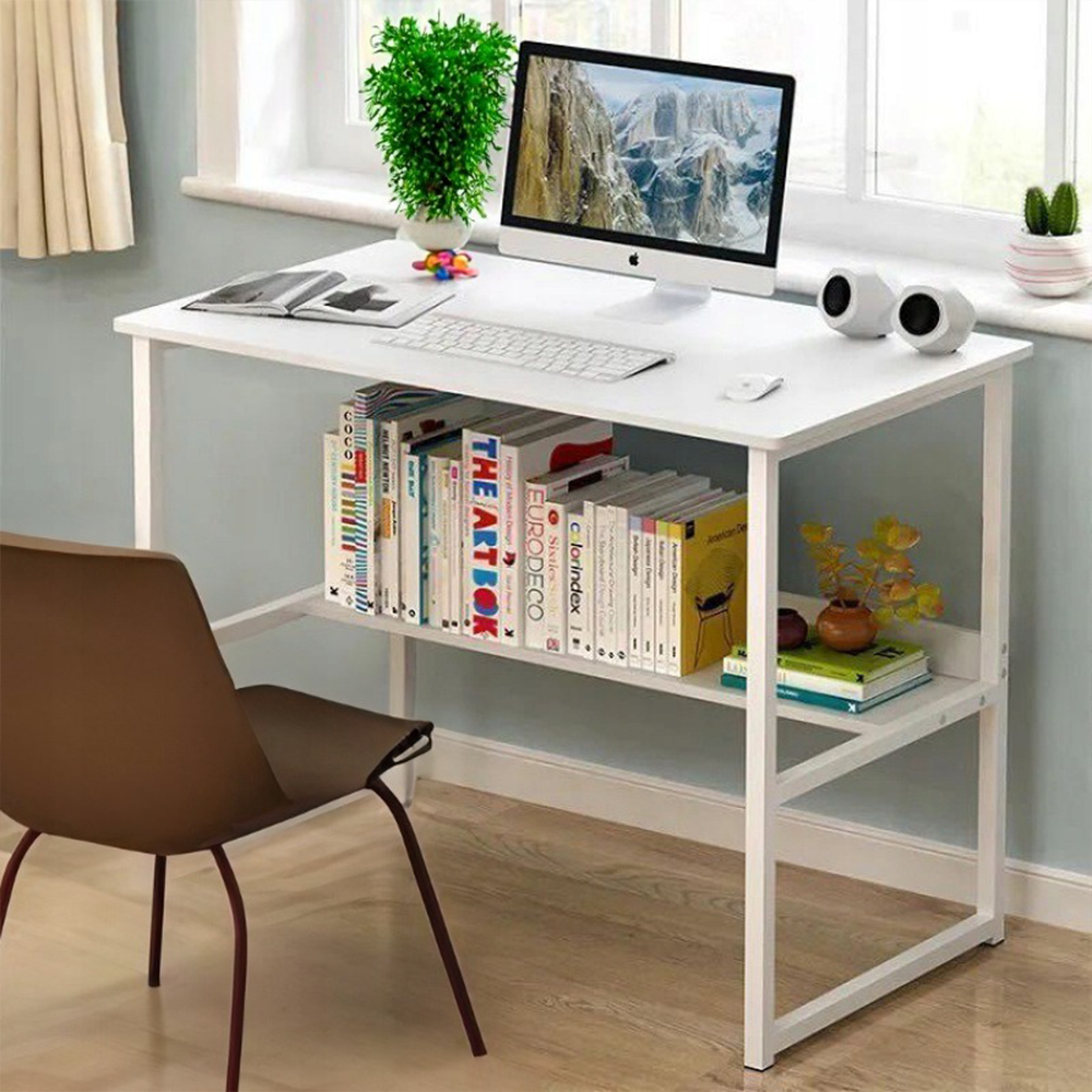 Modern loft stílusú fehér számítógépasztal 100 cm-es polccal