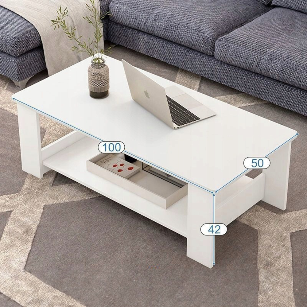 Fehér dohányzóasztal 100x50x42 cm – praktikus polccal, modern design
