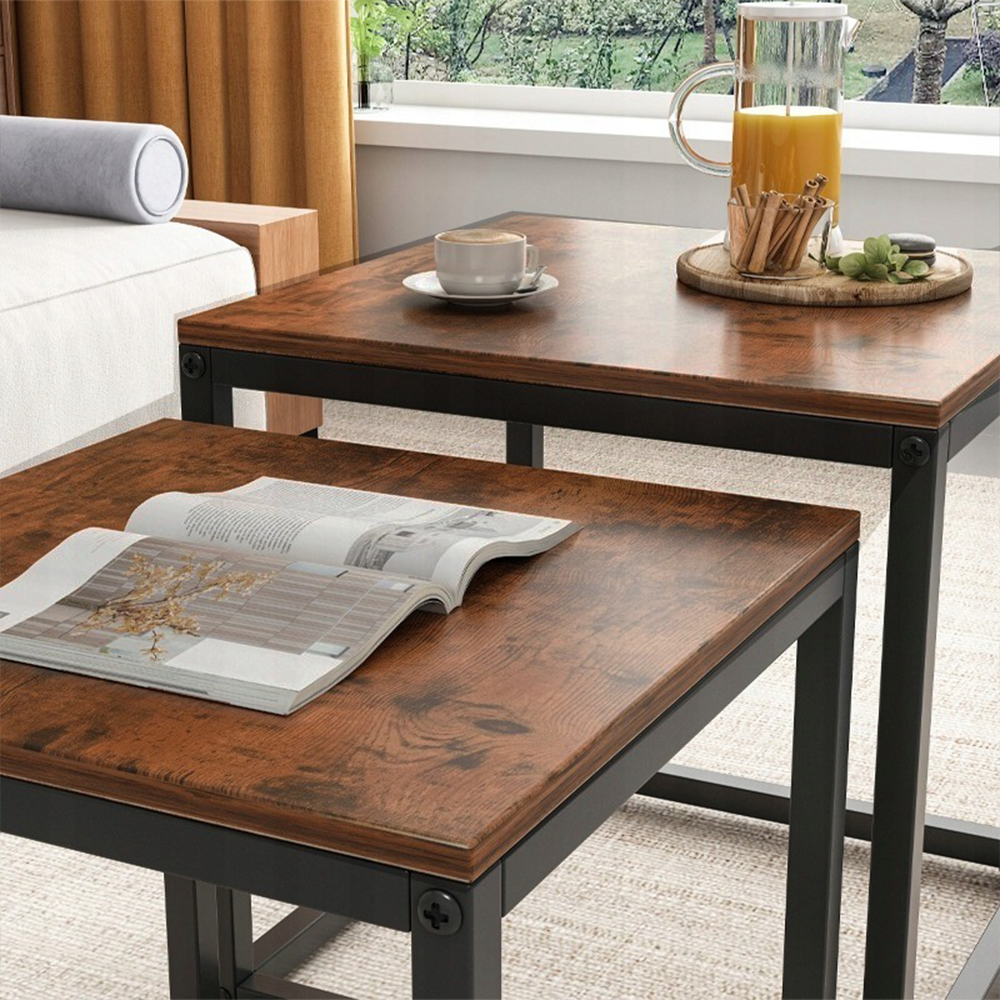 2 darabos rusztikus loft dohányzóasztal szett – 50x50 cm és 45x45 cm – Modern ipari dizájn