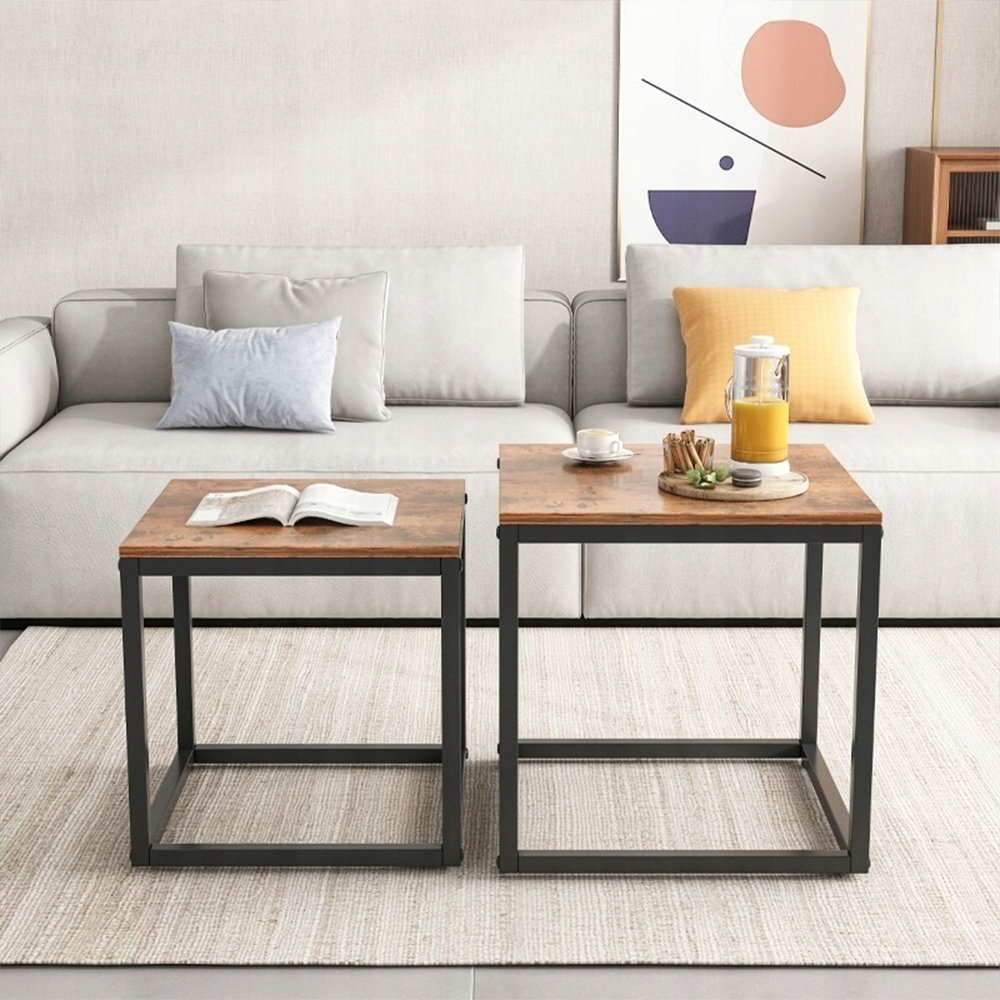 2 darabos rusztikus loft dohányzóasztal szett – 50x50 cm és 45x45 cm – Modern ipari dizájn