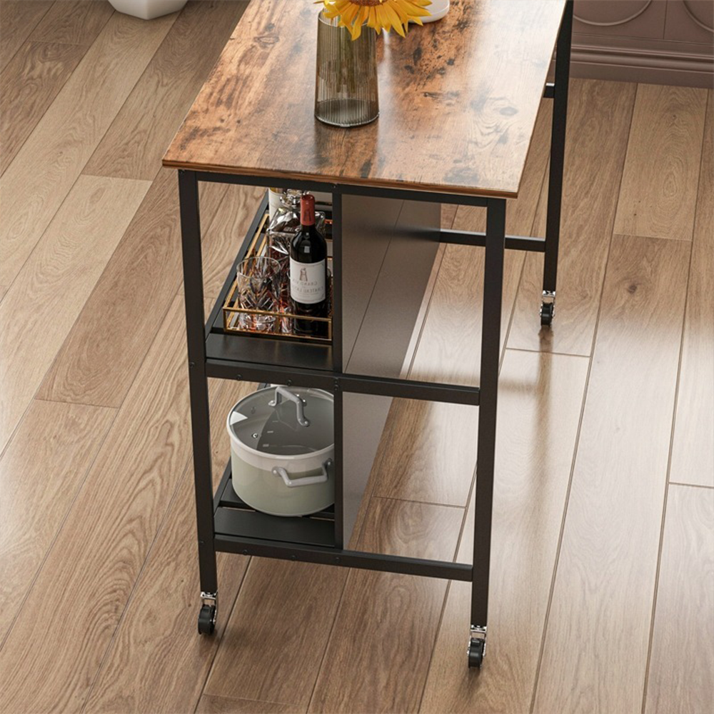 Bárasztal polcokkal és kerekekkel, 120x60x97 cm – Modern loft dizájn, sötétbarna / fekete