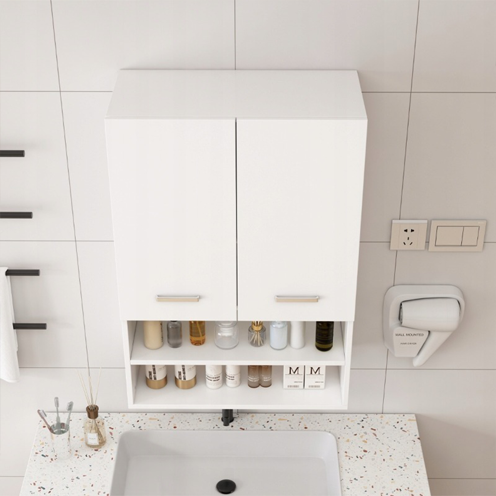 Függesztett fehér fürdőszobaszekrény 64 x 90 x 30 cm – polcokkal, loft stílus, ideális a mosógép fölé