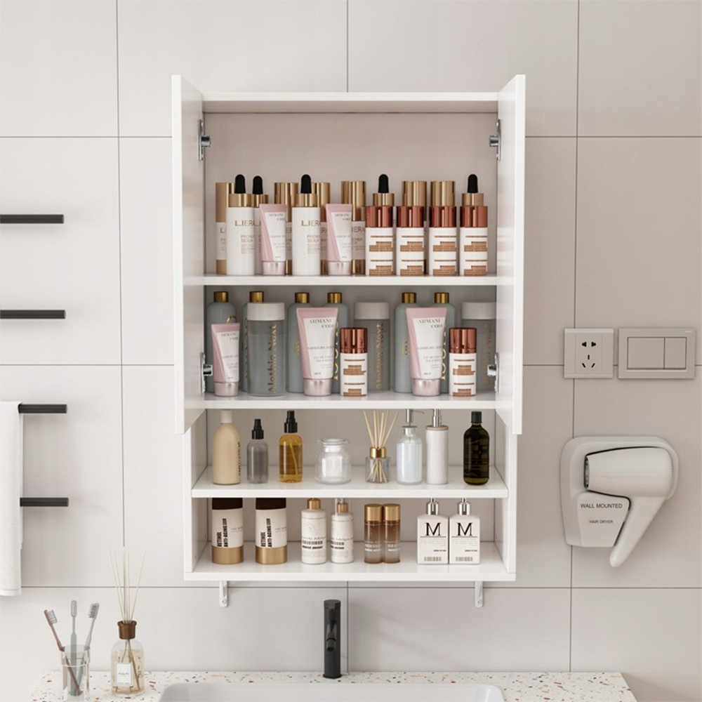Függesztett fehér fürdőszobaszekrény 64 x 90 x 30 cm – polcokkal, loft stílus, ideális a mosógép fölé