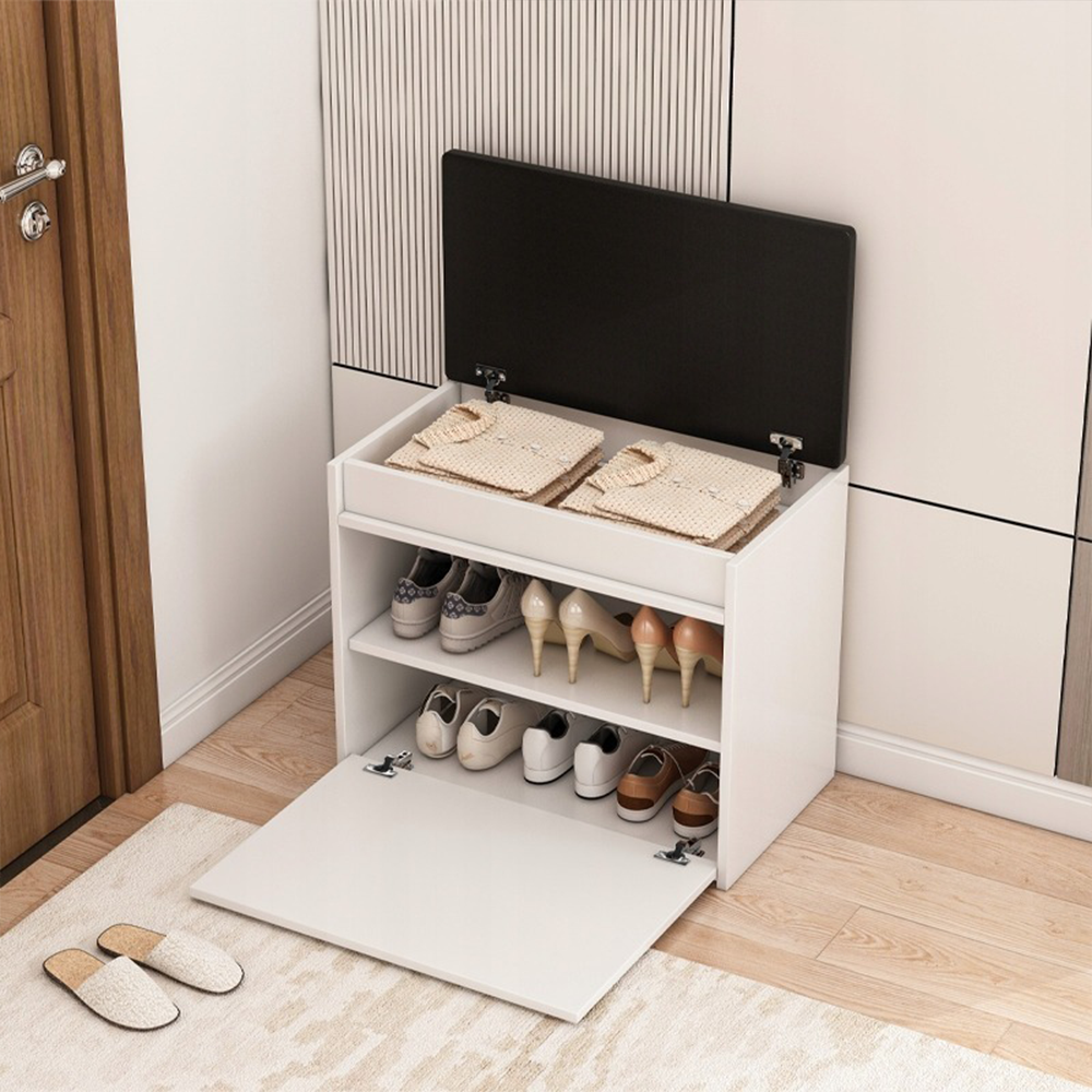 Fehér cipősszekrény paddal – 60 × 49 × 35 cm – ülőpad tárolóhellyel