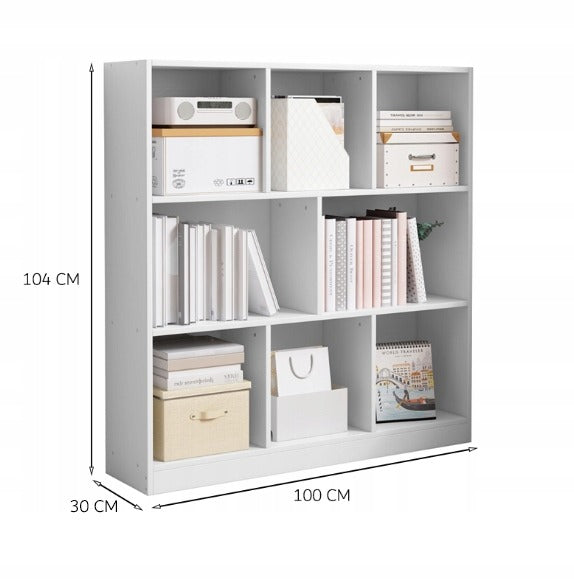 Nyitott fehér könyvespolc 6 polccal – 100x30x104 cm, skandináv modern stílusban