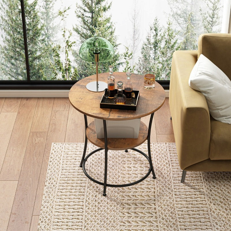 Kerek ipari dohányzóasztal nappaliba, polccal, barna loft 55 cm