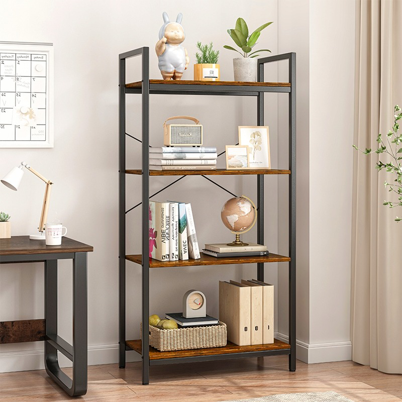 Rusztikus ipari stílusú polc 4 szintes – 66x30x120 cm, natúr fa MDF és fekete fémváz