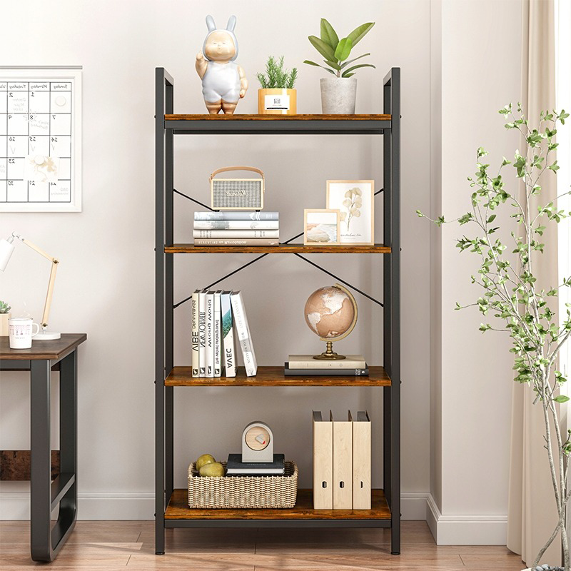 Rusztikus ipari stílusú polc 4 szintes – 66x30x120 cm, natúr fa MDF és fekete fémváz