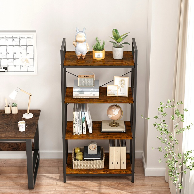 Rusztikus ipari stílusú polc 4 szintes – 66x30x120 cm, natúr fa MDF és fekete fémváz