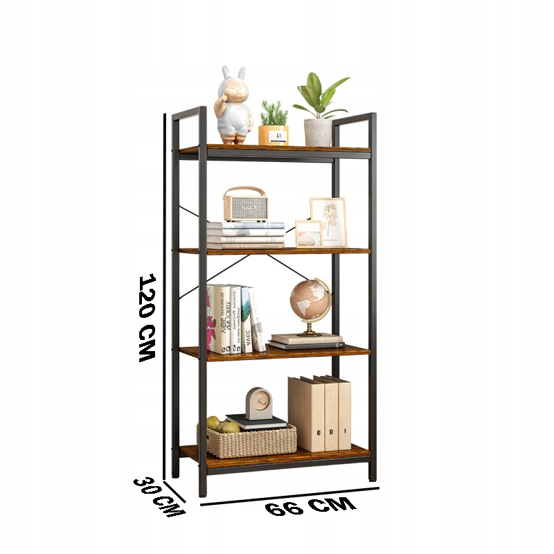 Rusztikus ipari stílusú polc 4 szintes – 66x30x120 cm, natúr fa MDF és fekete fémváz