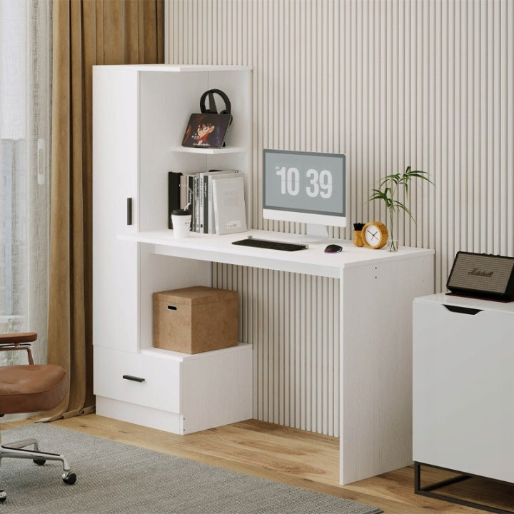 Számítógépasztal Polccal 142 cm – Fehér Loft Íróasztal Irodába és Szobába