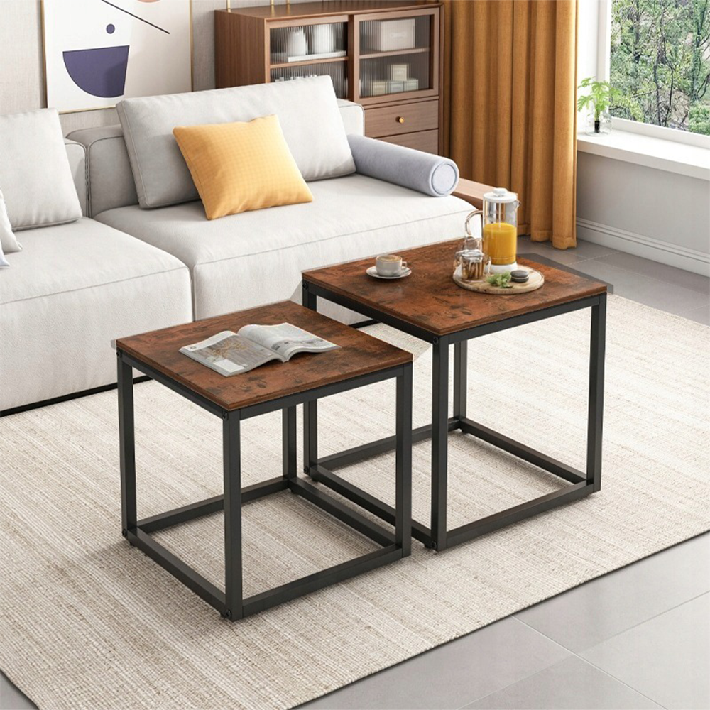 2 darabos rusztikus loft dohányzóasztal szett – 50x50 cm és 45x45 cm – Modern ipari dizájn