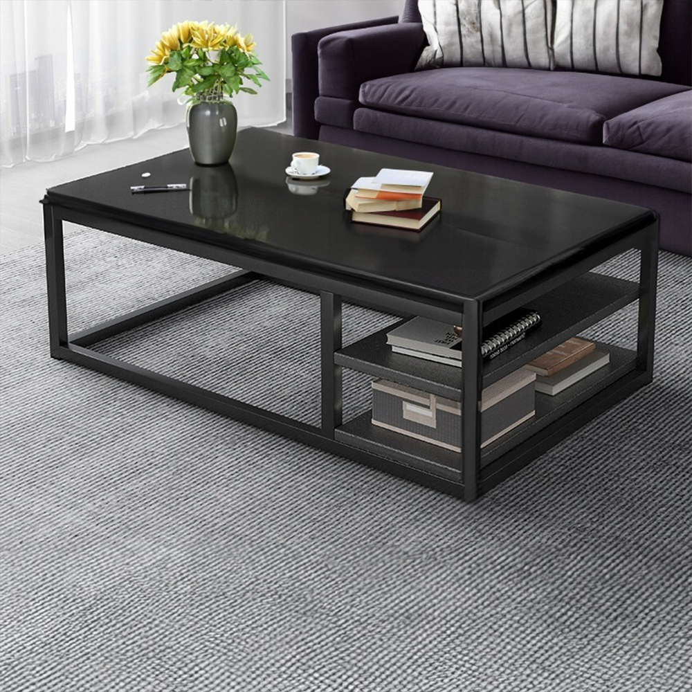 Modern loft stílusú dohányzóasztal – 120x60x46 cm, MDF, tárolópolccal