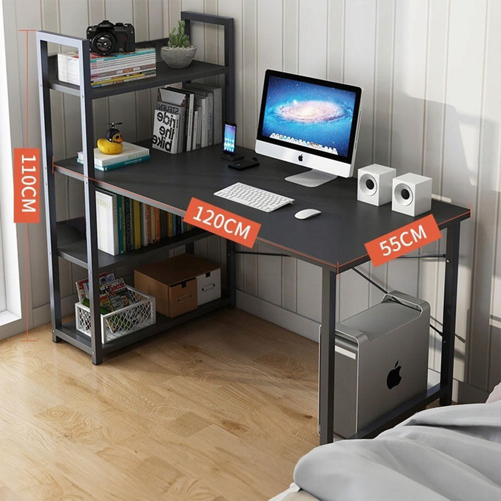 Modern íróasztal fiataloknak beépített könyvespolccal – 120x55x110 cm, 3 polccal, MDF lapból, fekete színben