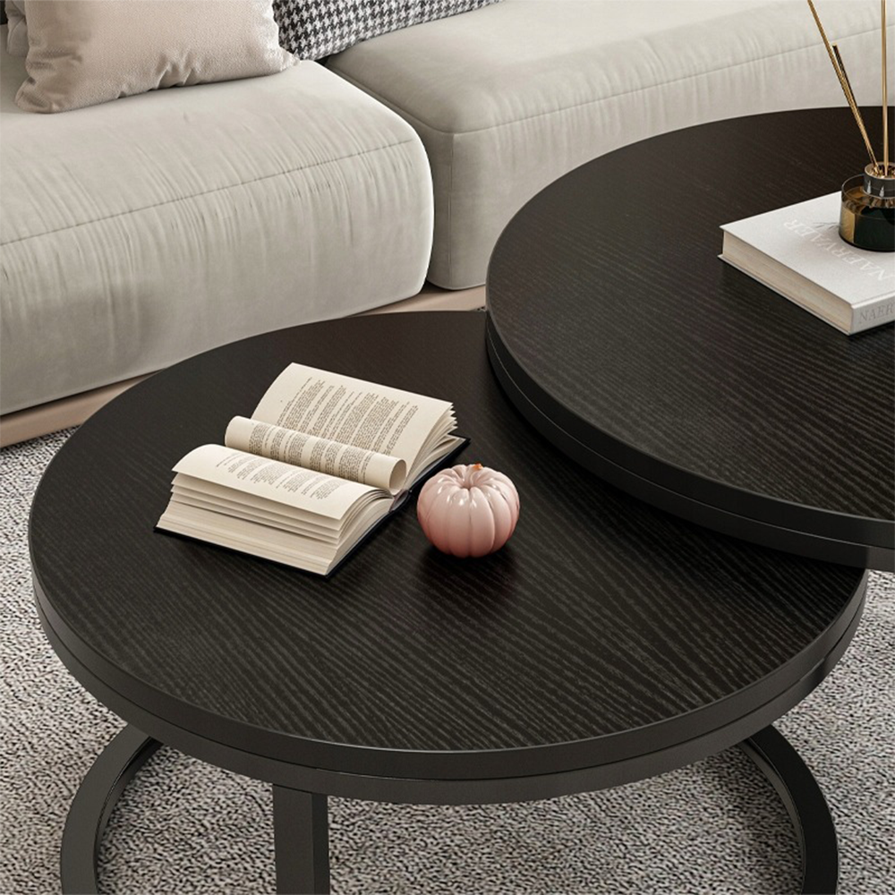 Loft stílusú, 2 darabos kerek asztal szett – fekete, MDF és acél – Ø70/50 cm