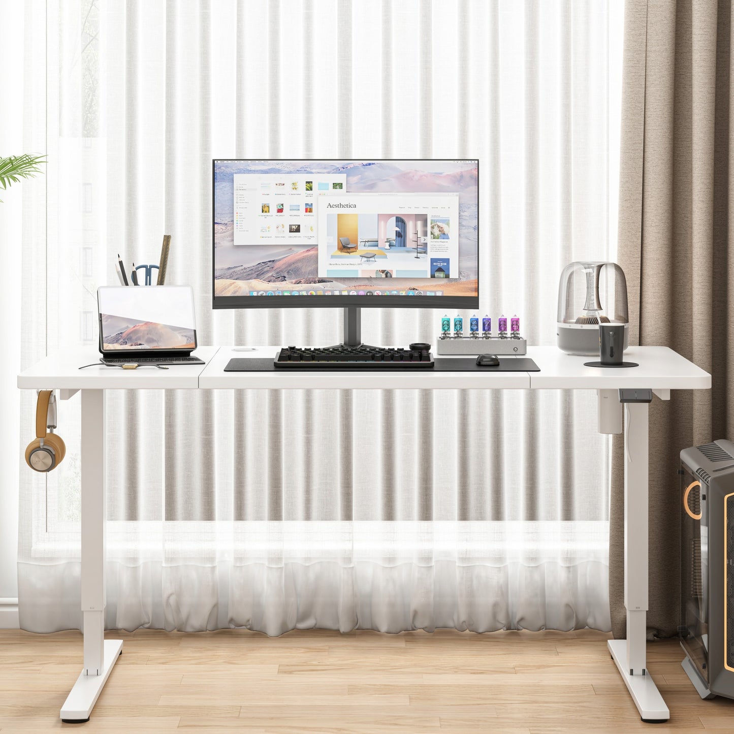 Elektromos számítógépes íróasztal fehér 160x80cm állítható modern 72-118cm