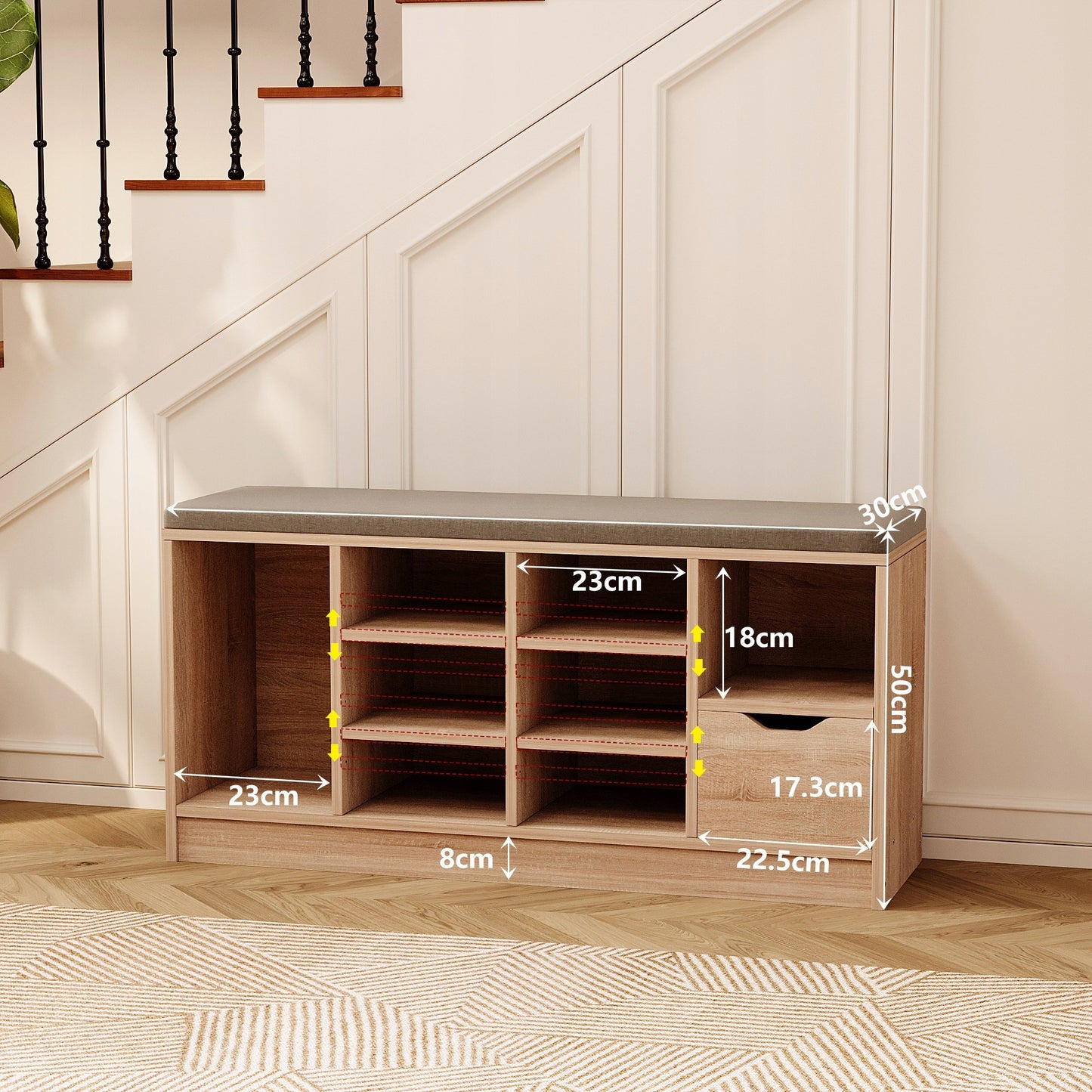 Cipőszekrény ülőkével, loft stílusú, sonoma tölgy, előszoba, fiókos pad, 100 cm
