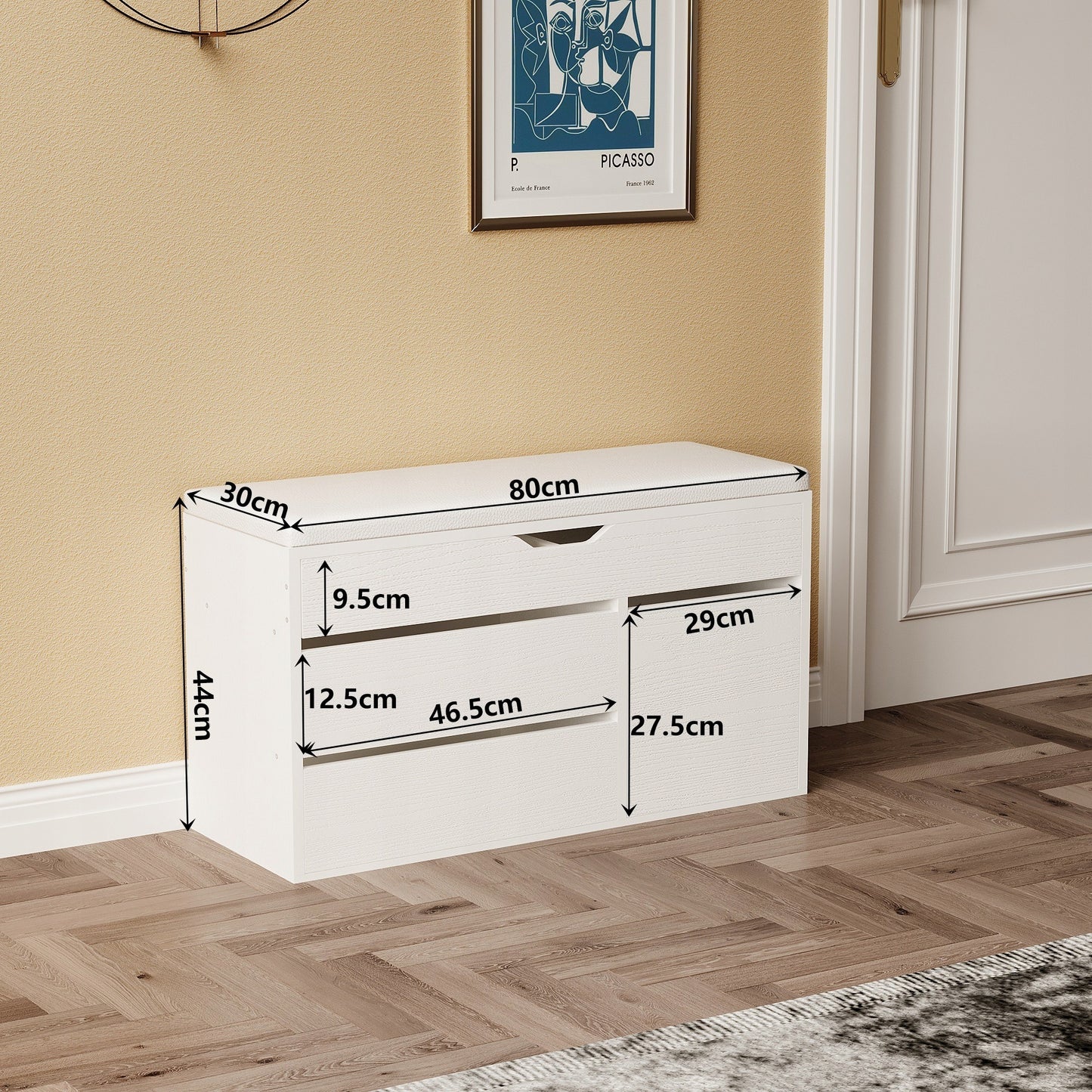 Cipőszekrény ülőkével, fa, tárolórekesz, polcok, nyitható, fehér, 80 cm