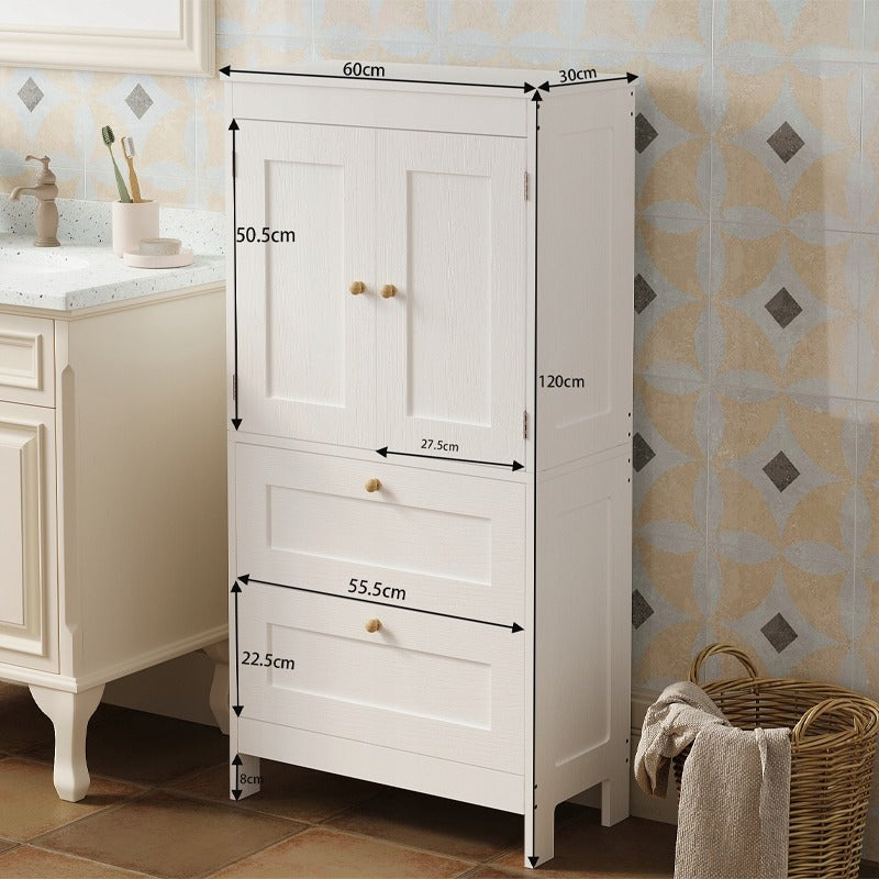 Fürdőszobai polc 2 fiókkal és ajtóval, fehér, loft stílusú, 120 cm