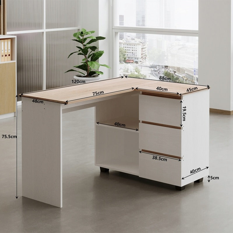 Sarokíróasztal Számítógéppolccal, 3 Fiókos, Loft Stílusú, Modern, 120cm