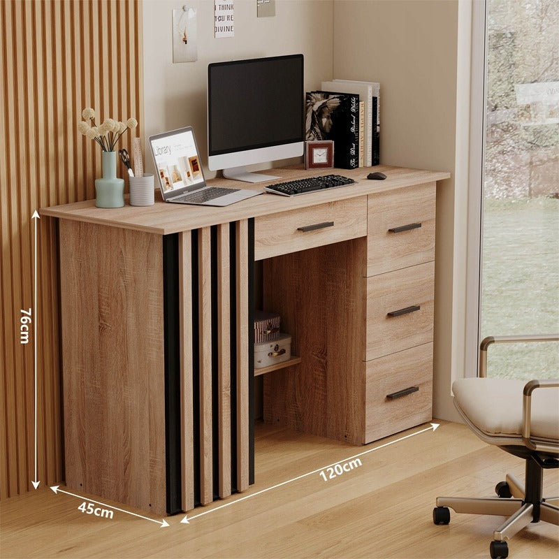 Modern, loft stílusú számítógépasztal lécekkel és polccal