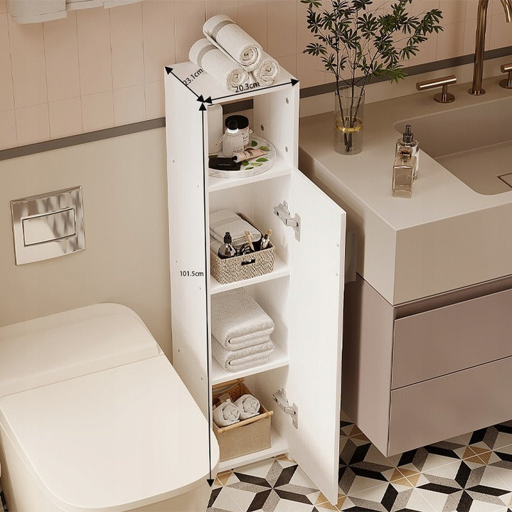 Fürdőszoba szekrény, keskeny fehér ajtó, magas polcok, modern, 101 cm