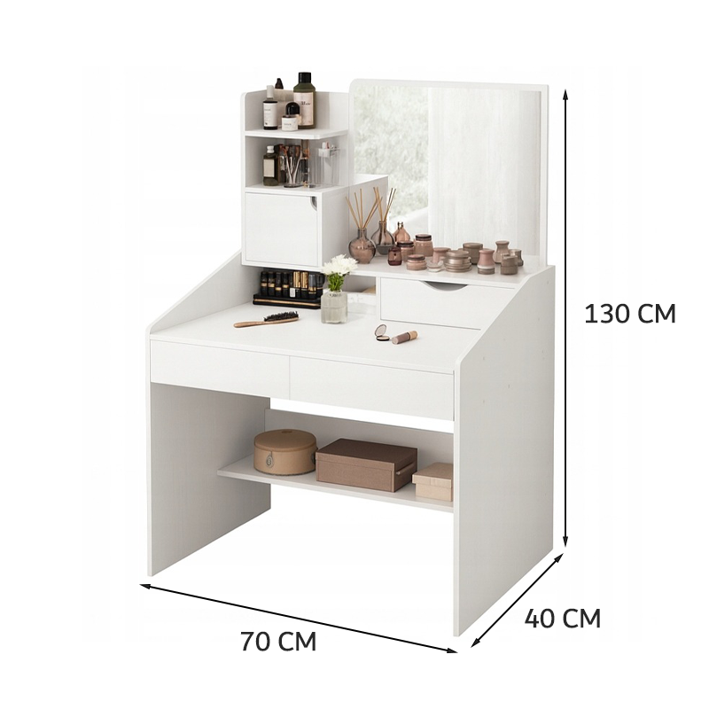 Fehér fésülködőasztal tükörrel, 70x40x130 cm – Elegáns és praktikus megoldás hálószobába vagy fürdőszobába