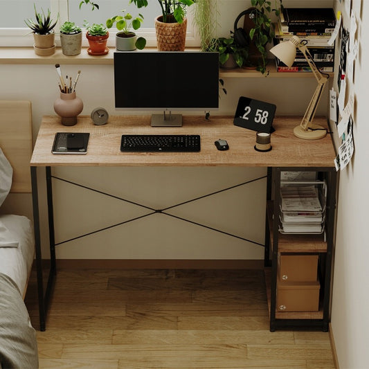 Számítógépes íróasztal, loft asztal, világosbarna, modern, polcokkal, ipari