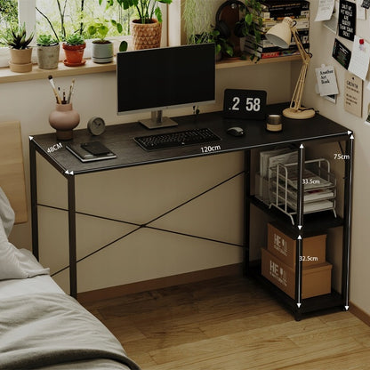 Számítógépes íróasztal, loft asztal, fekete, modern, polcokkal, ipari stílusú, 120