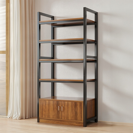 Fekete könyvespolc fémvázas, alsó szekrénnyel ellátott 5 polcos állópolc – 190x60x30 cm