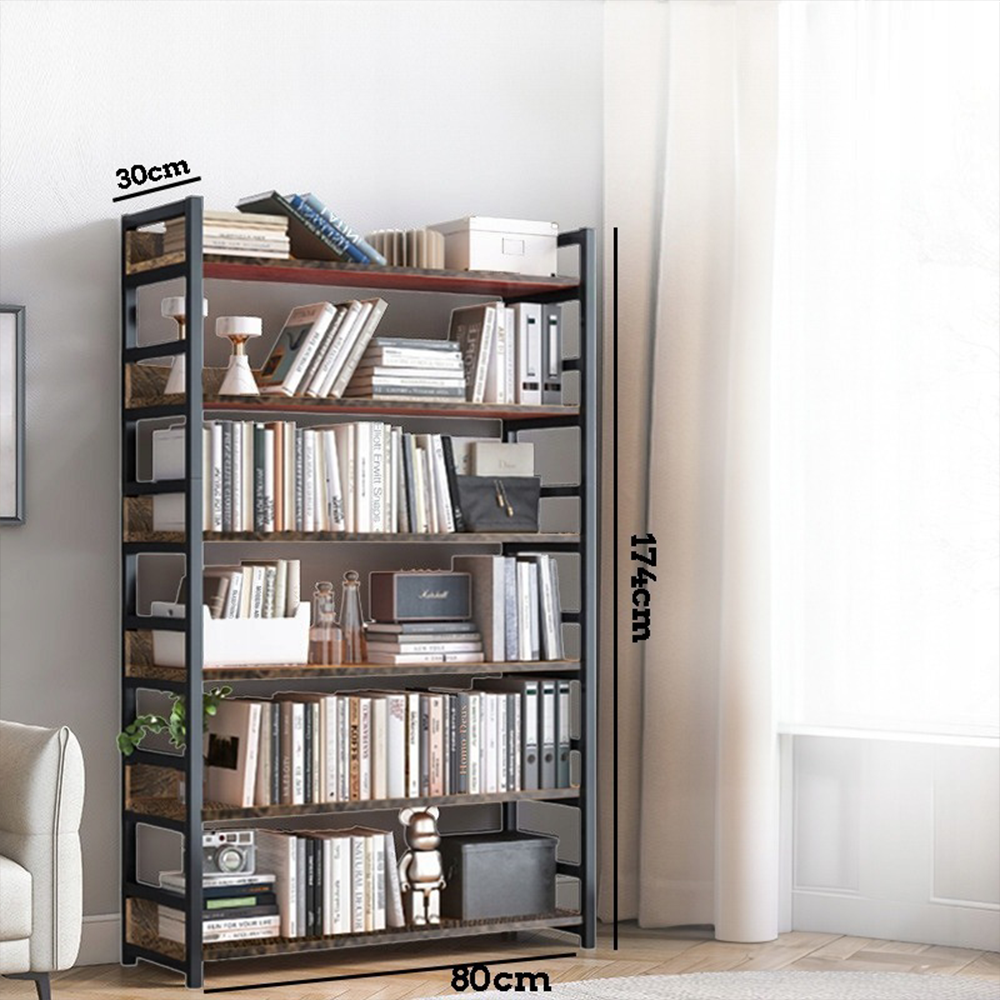 Rusztikus ipari stílusú könyvespolc fém és fa kombinációjával – 174x80x30 cm, 6 polccal.