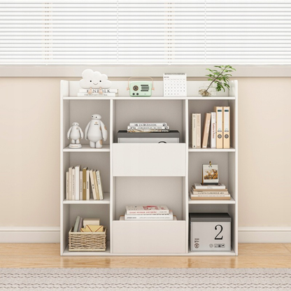 Modern fehér MDF könyvespolc – 106x104x30 cm, nyitott polcokkal és letisztult dizájnnal
