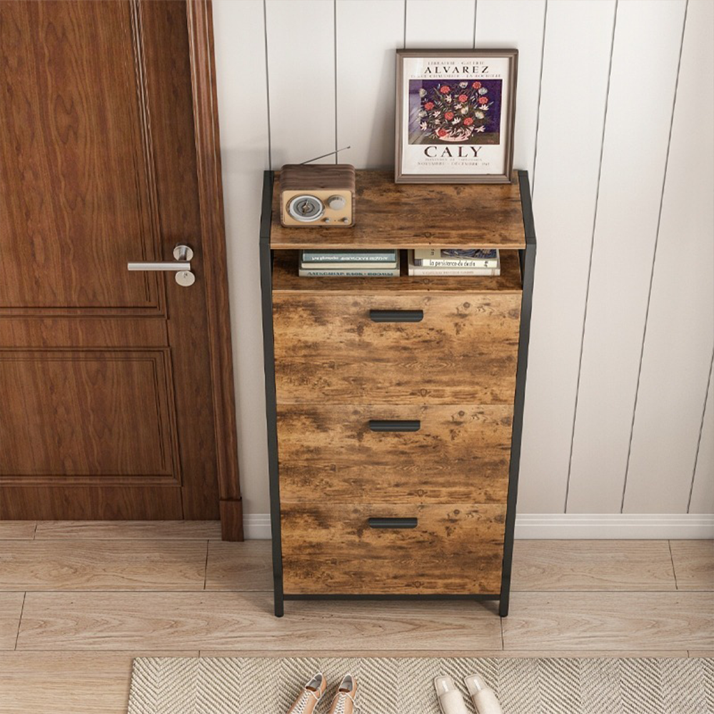Loft stílusú rusztikus barna cipősszekrény 60x130x30 cm – 3 polc, MDF + fém, ipari dizájn