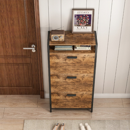 Loft stílusú rusztikus barna cipősszekrény 60x130x30 cm – 3 polc, MDF + fém, ipari dizájn