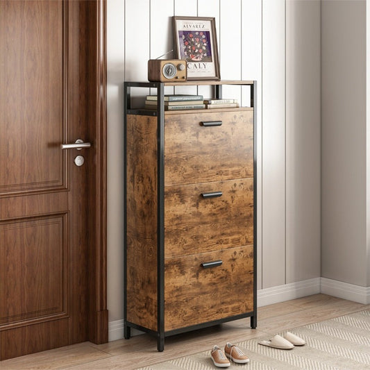 Loft stílusú rusztikus barna cipősszekrény 60x130x30 cm – 3 polc, MDF + fém, ipari dizájn