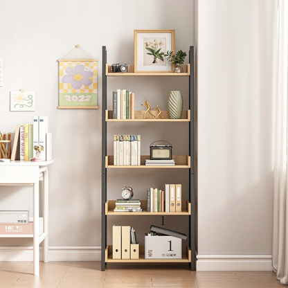 Lépcsős könyvespolc 158x63x30 cm – Loft stílus, világos tölgy és fekete, 5 polccal