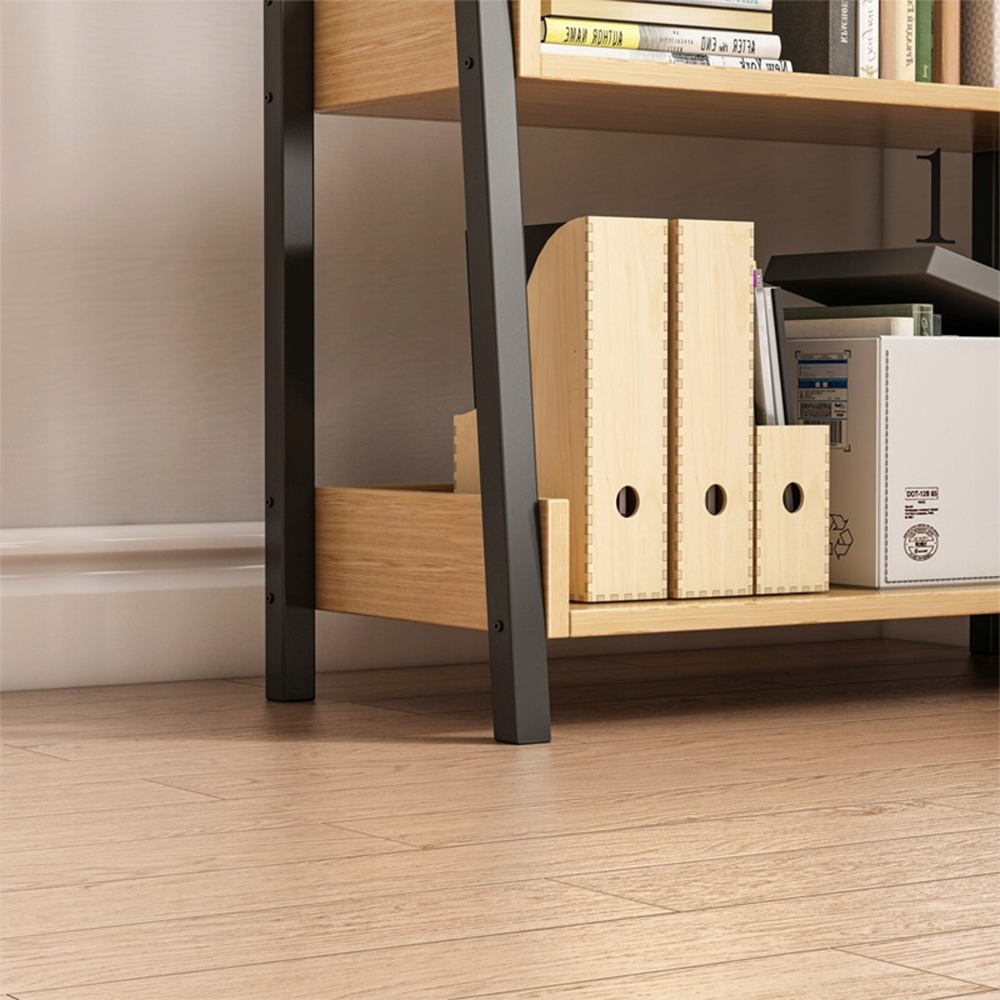 Lépcsős könyvespolc 158x63x30 cm – Loft stílus, világos tölgy és fekete, 5 polccal