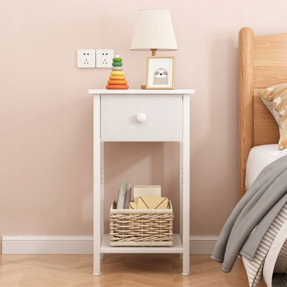 Fehér éjjeliszekrény 38x61x28 cm – Skandináv stílus fiókkal és polccal, MDF
