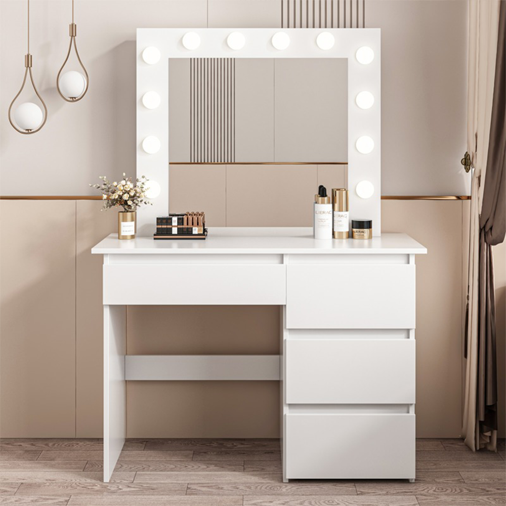 Modern fehér fésülködőasztal LED világítással – 90x140x40 cm, elegáns stílus hálószobába vagy szalonba