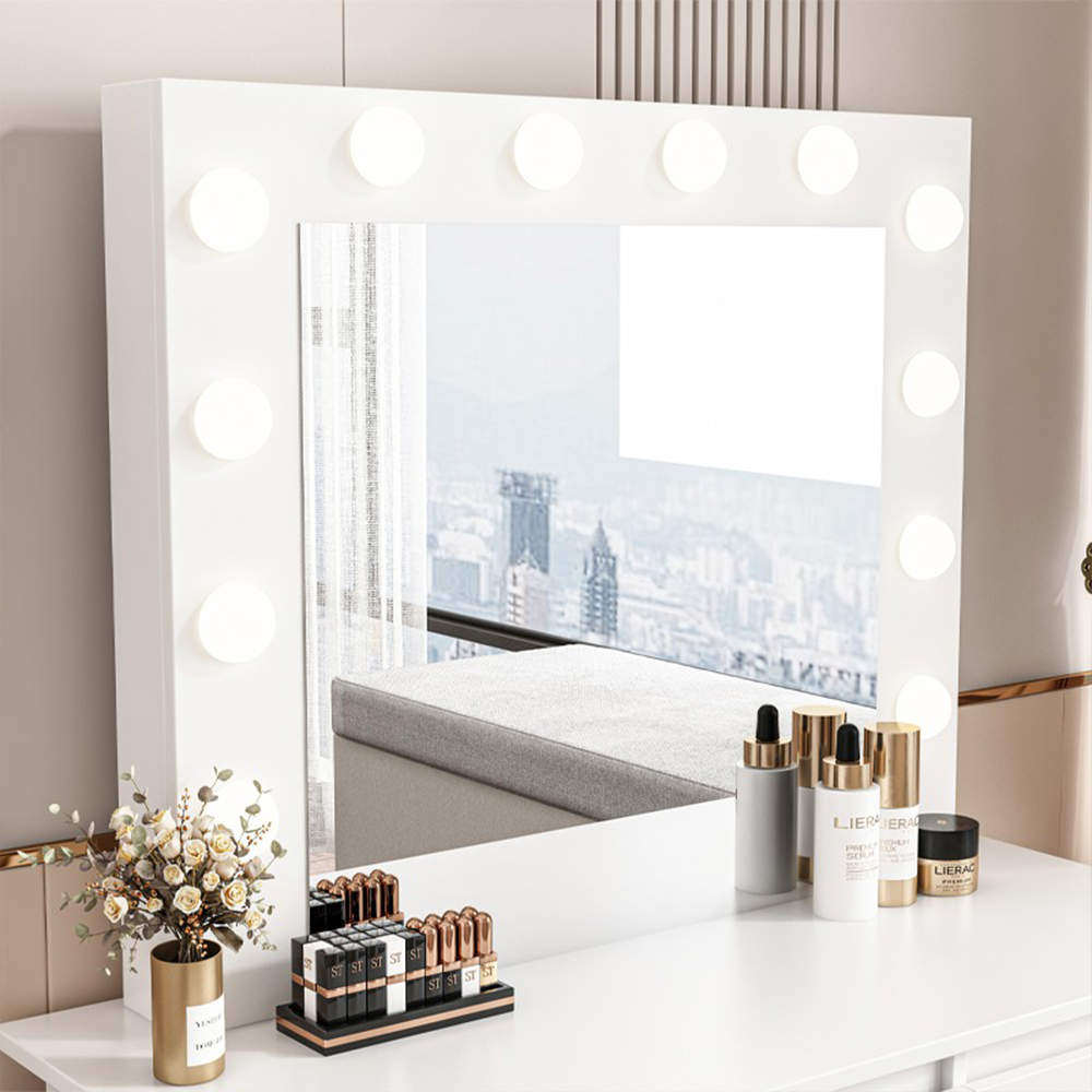 Modern fehér fésülködőasztal LED világítással – 90x140x40 cm, elegáns stílus hálószobába vagy szalonba